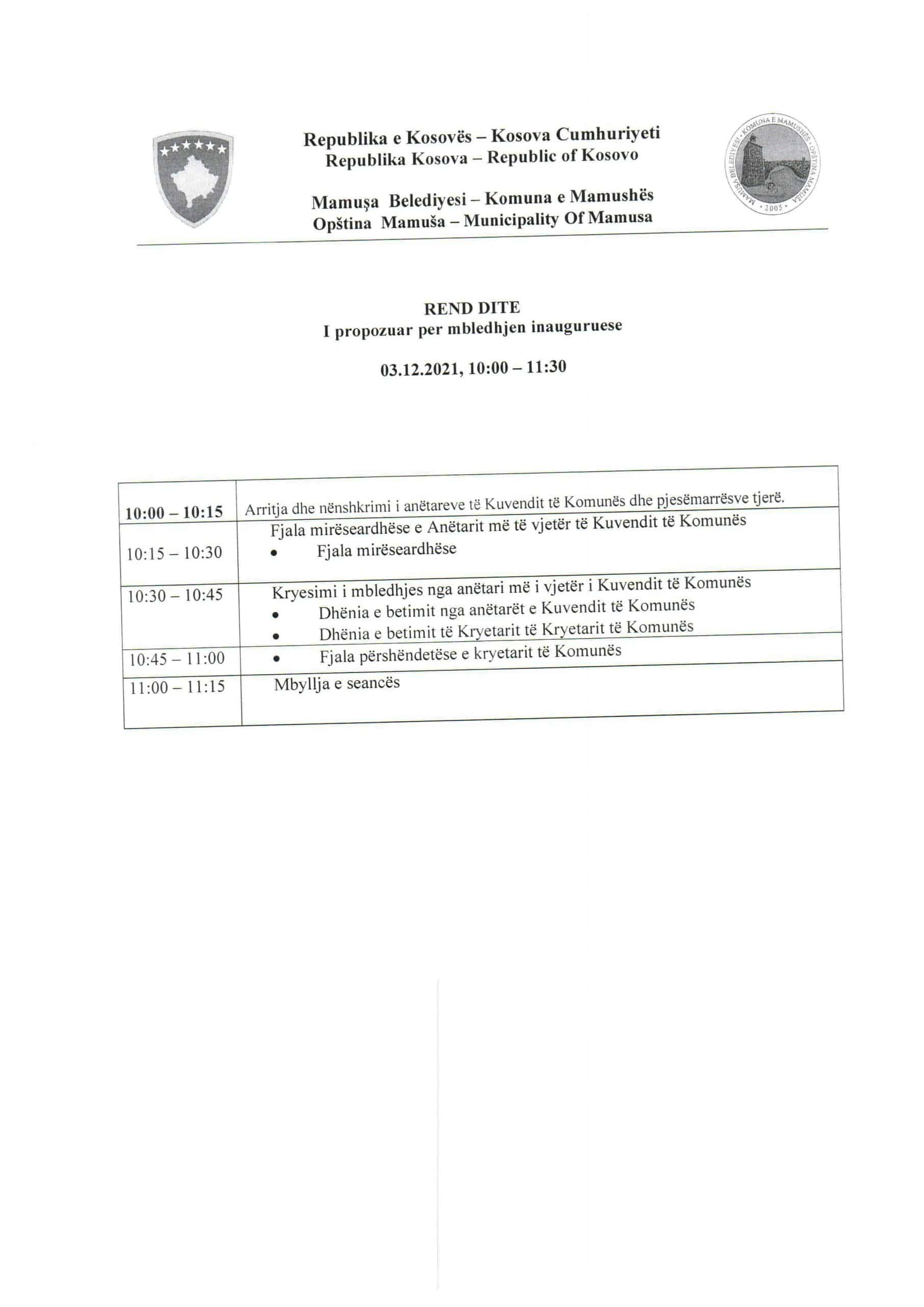 NJOFTIM/mledhja inauguruese e Kuvendit Komunal të Mamushës