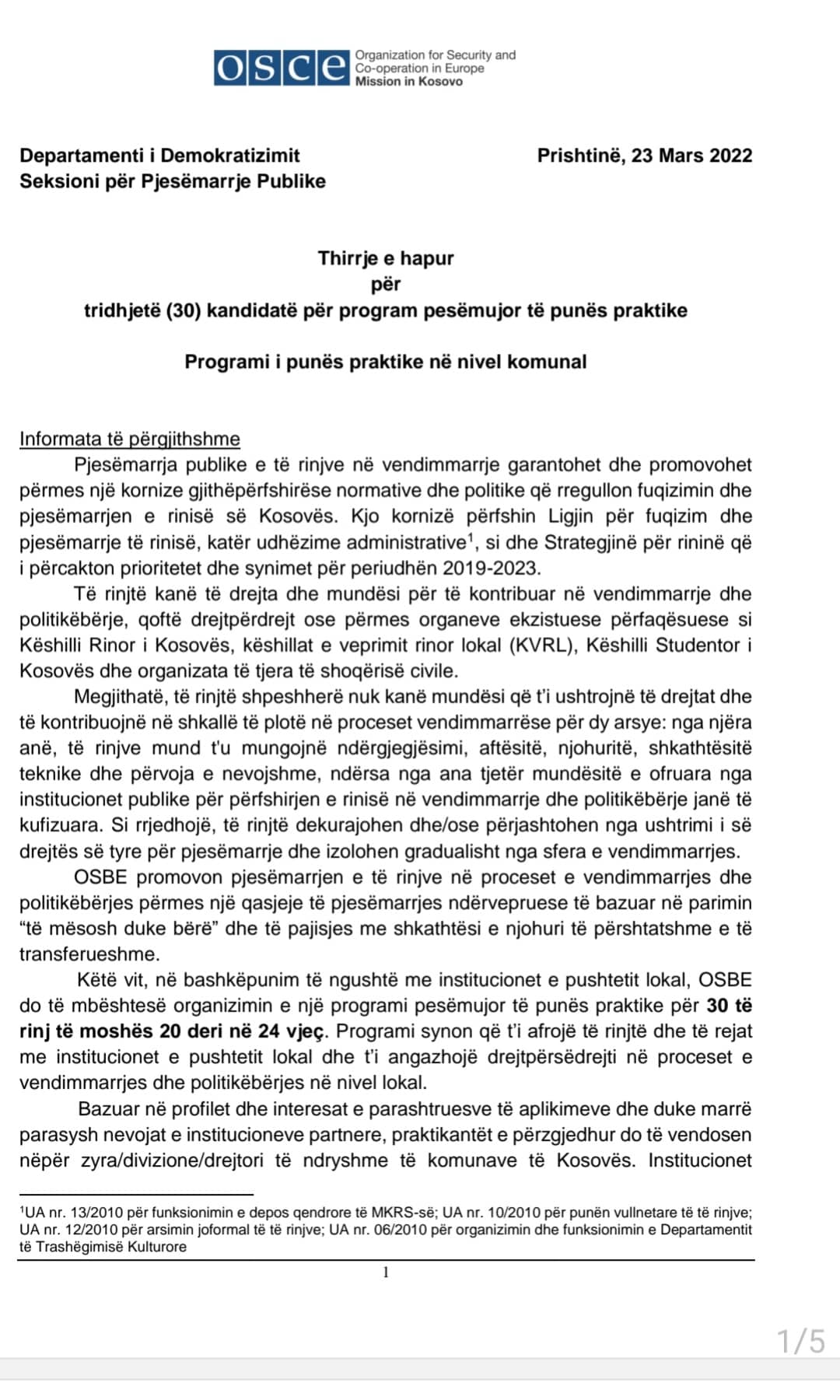 Programi i punës praktike në nivel komunal