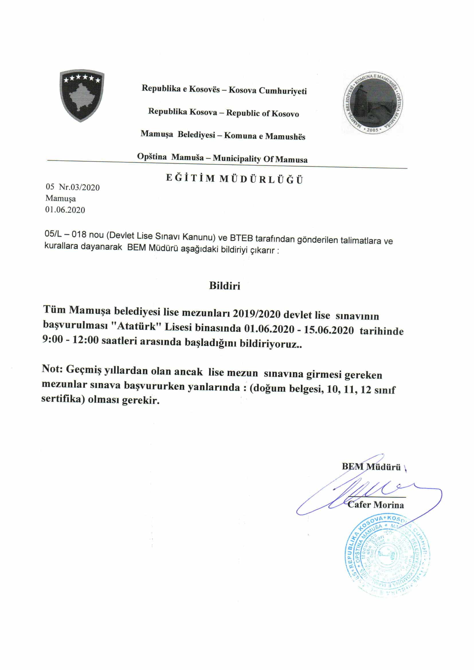 Lise Mezunlarına Eğitim Müdürlüğü Bildirisi