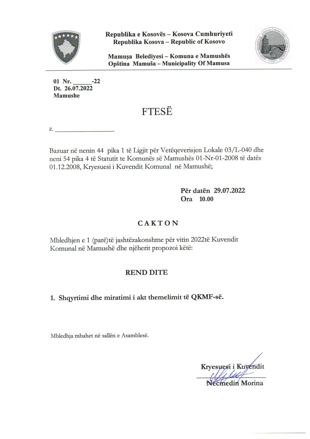 ftese Kuvend mbledhje 01 jashtezakonshme 01-2022