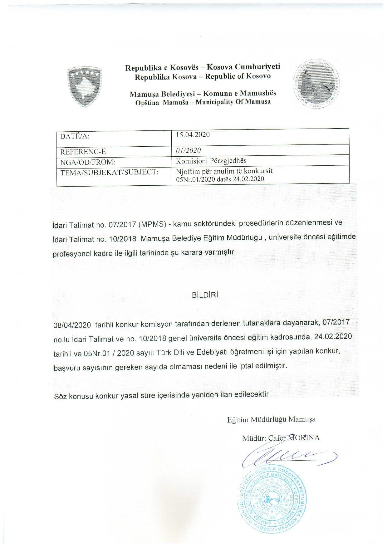 Türk Dili ve Edebiyatı konkurunun iptal bildirisi
