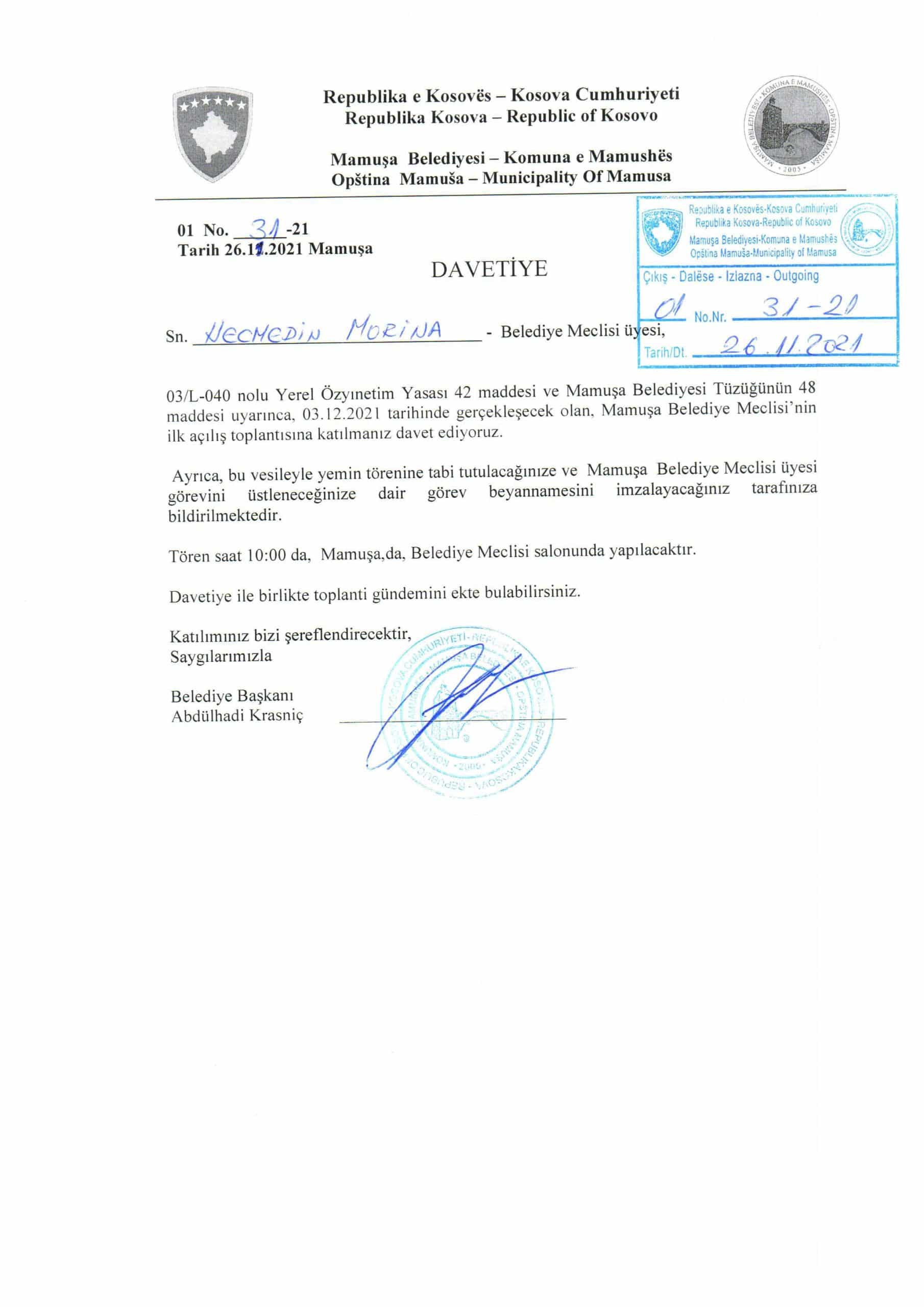DUYURU- MAMUŞA BELEDİYE MECLİSİ’NİN İLK AÇILIŞ TOPLANTISI YAPILACAKTIR