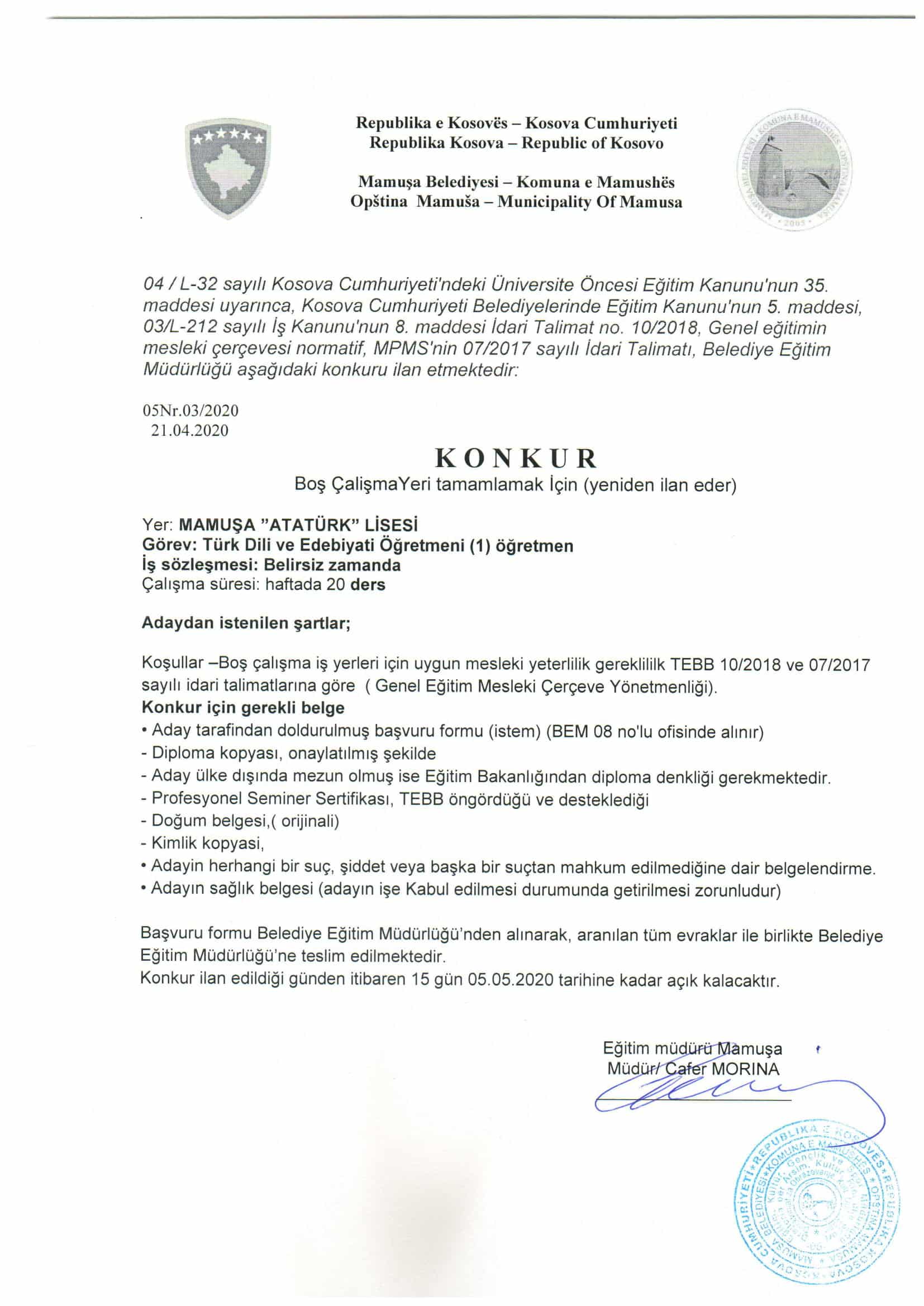Yeniden Konkur ilanı Atatürk Lisesi Türk Dili ve Edebiyatı Öğretmeni