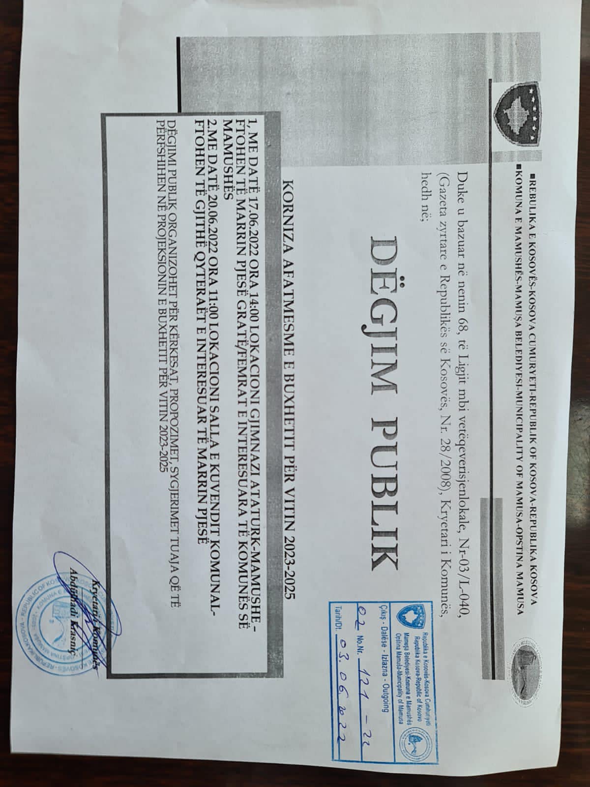 Degjime Buxhetore për Kornizën Afatmesme Buxhetore 2023-2025 qershor 2022