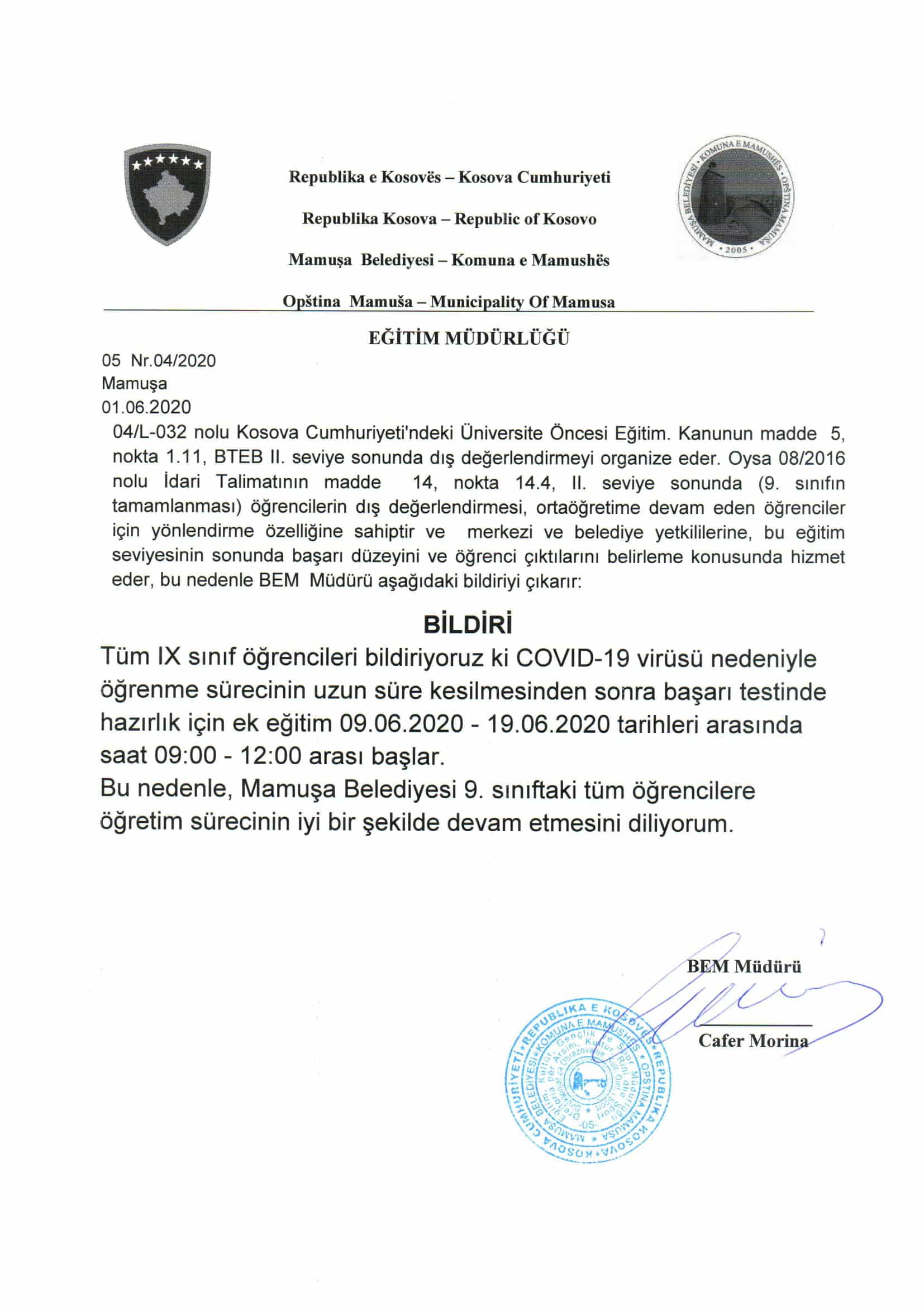 Eğitim Müdürlüğü Bildirisi
