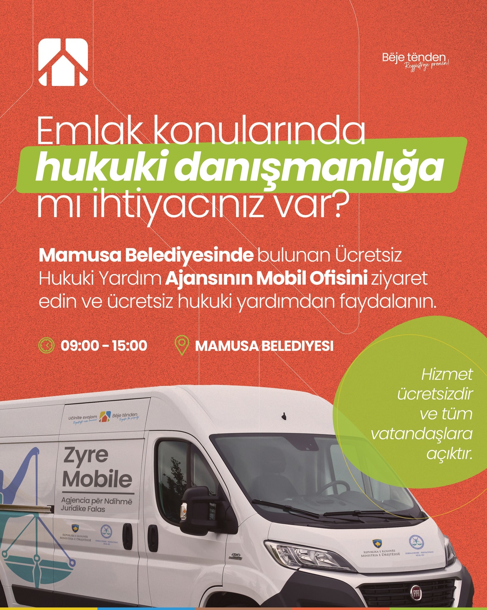 Mamusa’daki Mobil Ofis, mülkiyet kaydı, miras, yasallaştırma ve mal paylaşımı gibi emlak konularında ücretsiz hukuki yardım sunmaktadır.